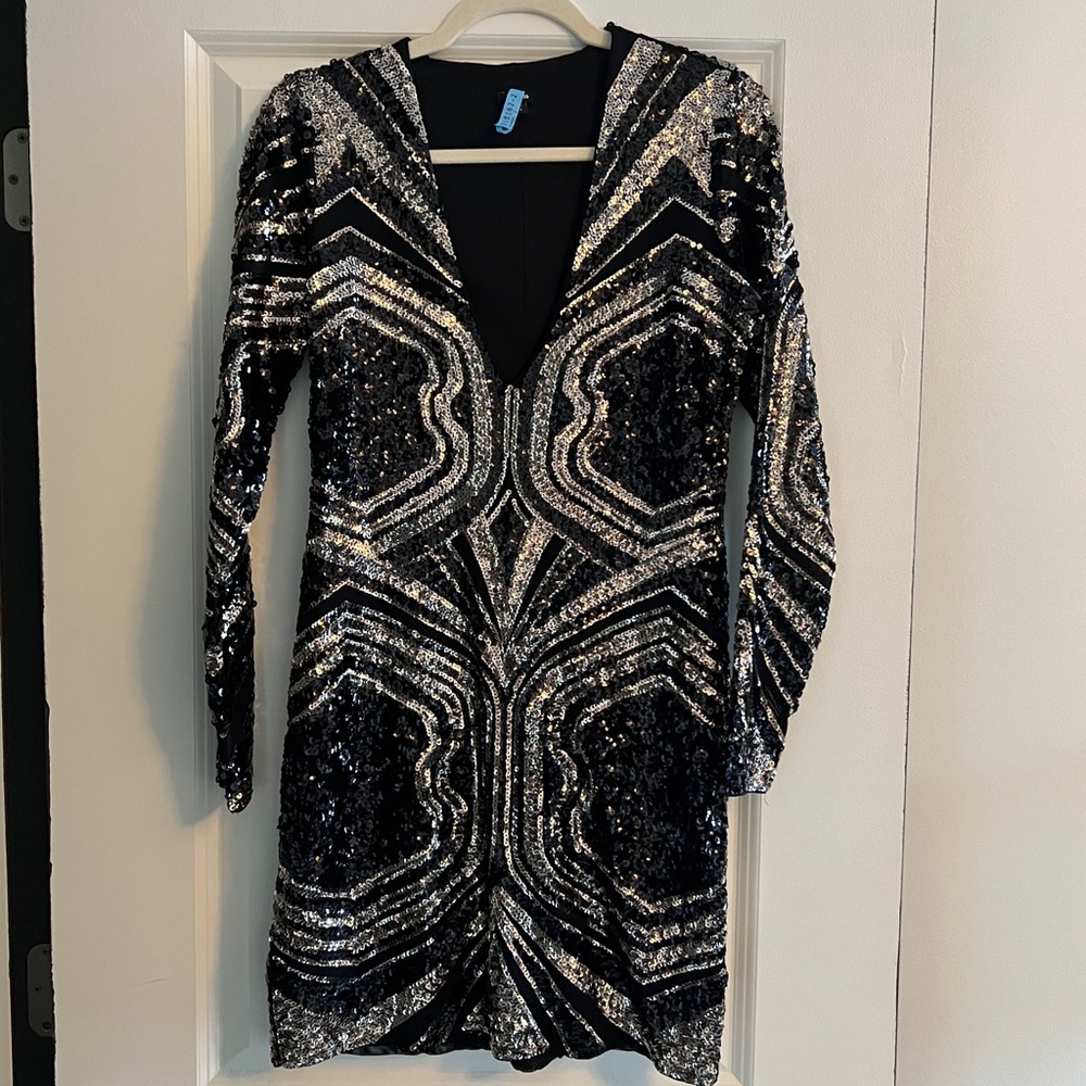 Express Black and Silver Sequin Long Sleeve Dress - Size Small